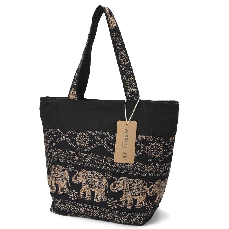 Femlion Elephant Printed Canvas Shoulder Bag Top Handle Tote Handbag for Women