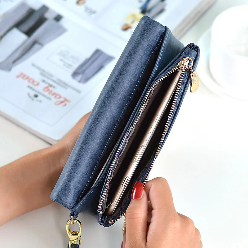 Femlion Vintage Matte PU Leather Long Wallet with Double Zipper Clutch