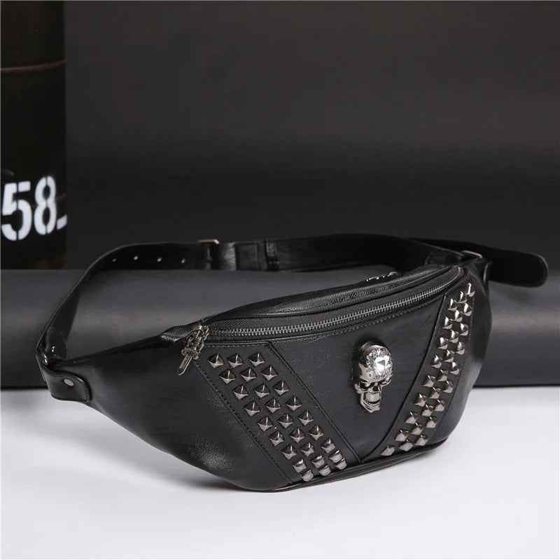 Femlion Skull Hip Bag Unisex Punk Waist Shoulder Fanny Pack Pu Leather Travel Bag