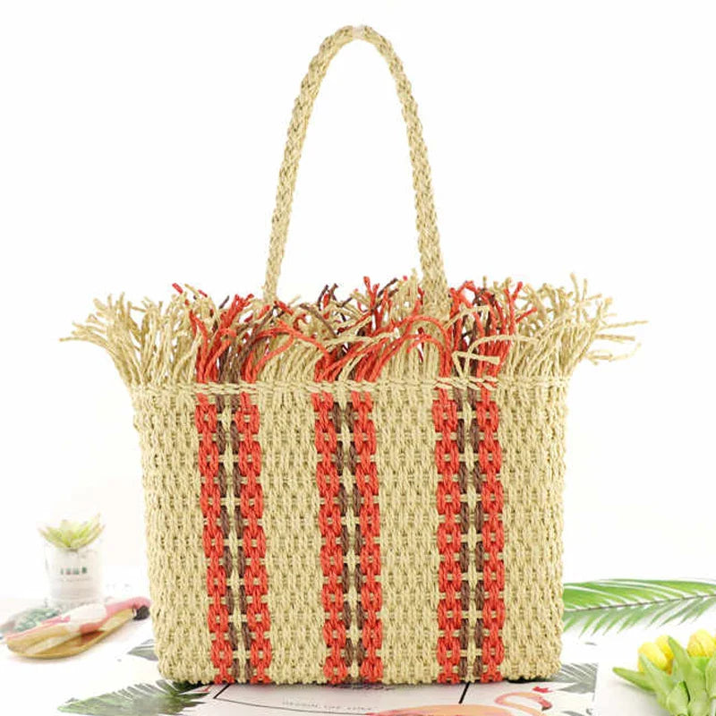 Femlion Striped Straw Beach Bag Large Capacity Square Shoulder Woven Bag