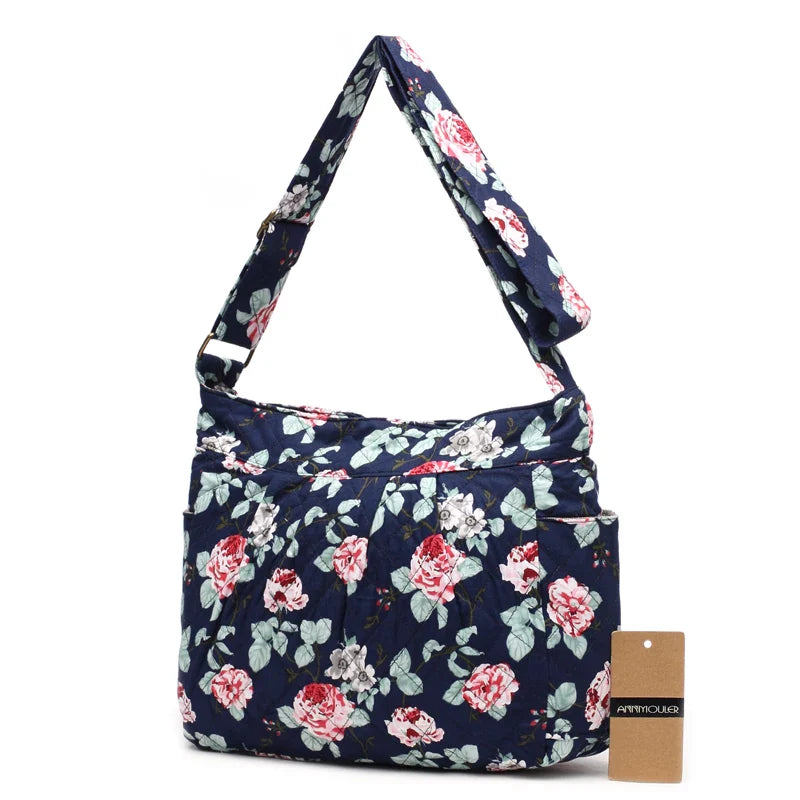 Femlion Vintage Floral Cotton Shoulder Bag Crossbody Satchel Zipper Multi-Pocket Large Capacity