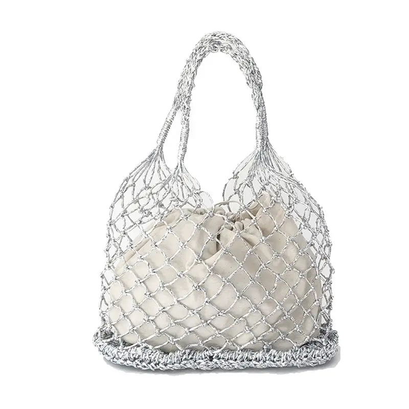 Femlion Reticulate Handbag: Gold & Silver Straw Beach Bag with Bright Paper Ropes