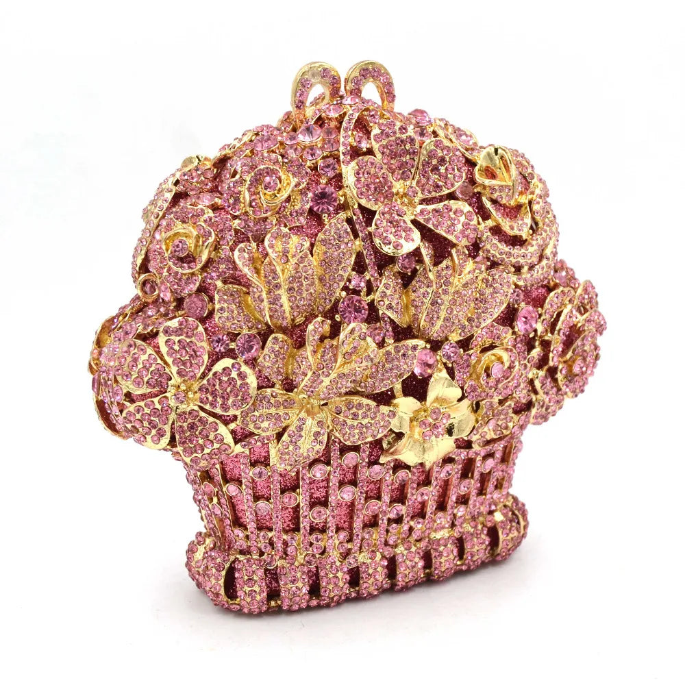 Femlion Pink Flower Rhinestone Clutch with Crystal Embellishments