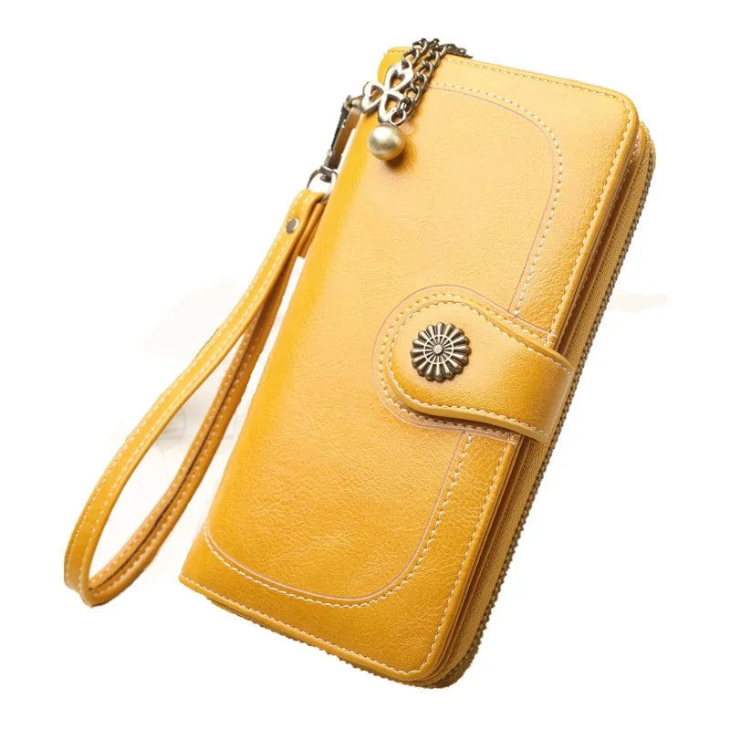 Femlion Vintage Long Wallet in Greased PU Leather with Zipper Phone Pocket.