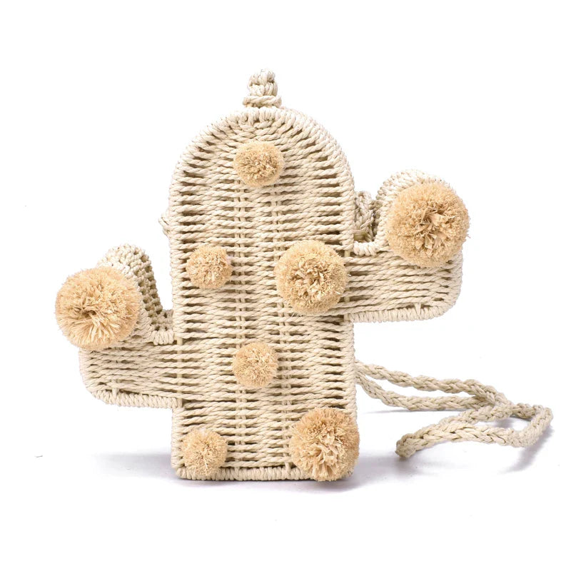 Femlion Cactus Rattan Straw Bag with Pom Pom – Beach Summer Handbag