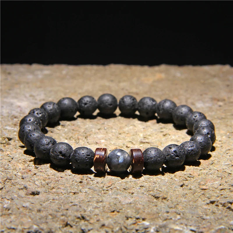 Femlion Tiger Eye Buddha Chakra Lava Stone Bracelet Men's Fashion Wood Bead Bangle