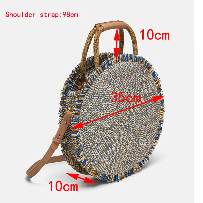 Femlion Fringed Straw Handbag Tote Beach Woven Round Shoulder Bag