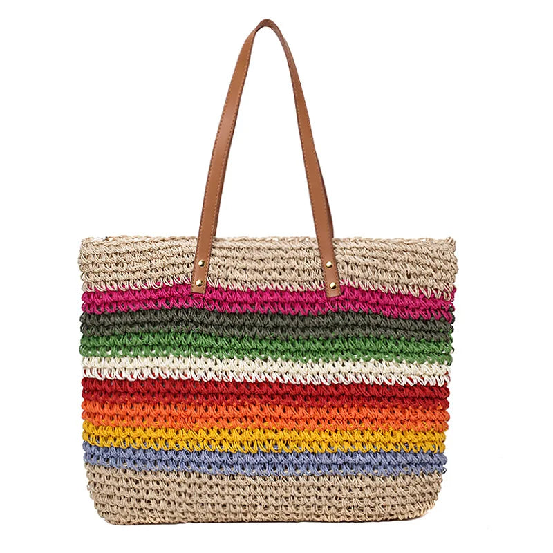 Femlion Rainbow Straw Handbag: Woven Boho Tote Bag with Leather Shoulder Strap