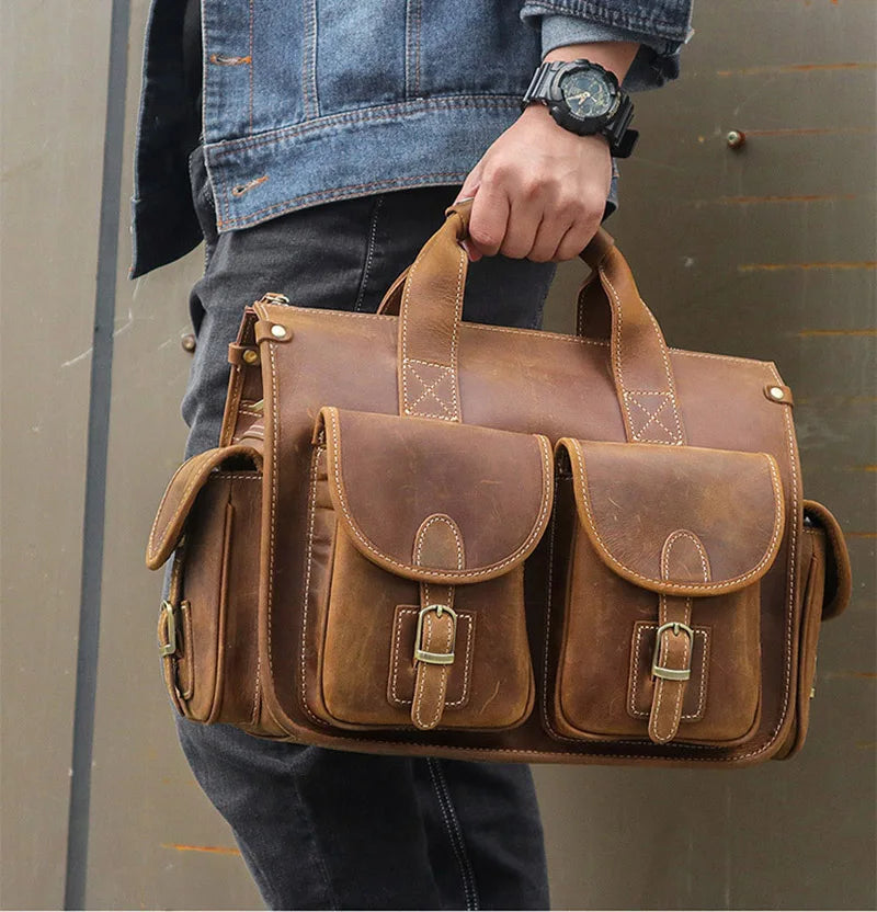 Femlion Genuine Leather Laptop Briefcase for Business Man - Top Grade Quality Vintage Style