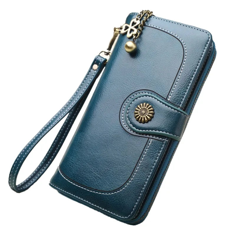 Femlion Vintage Long Wallet in Greased PU Leather with Zipper Phone Pocket.