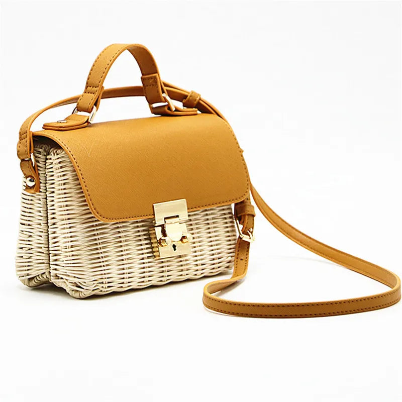 Femlion Woven Rattan Leather Crossbody Bag Wood Handbag