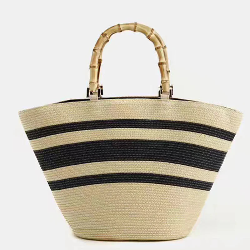 Femlion Striped Straw Tote with Bamboo Handle Women's Shoulder Bag