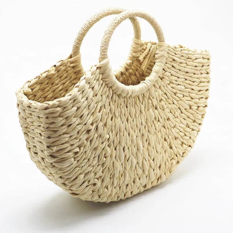 Femlion Moon Straw Beach Bag with Pompon for Women