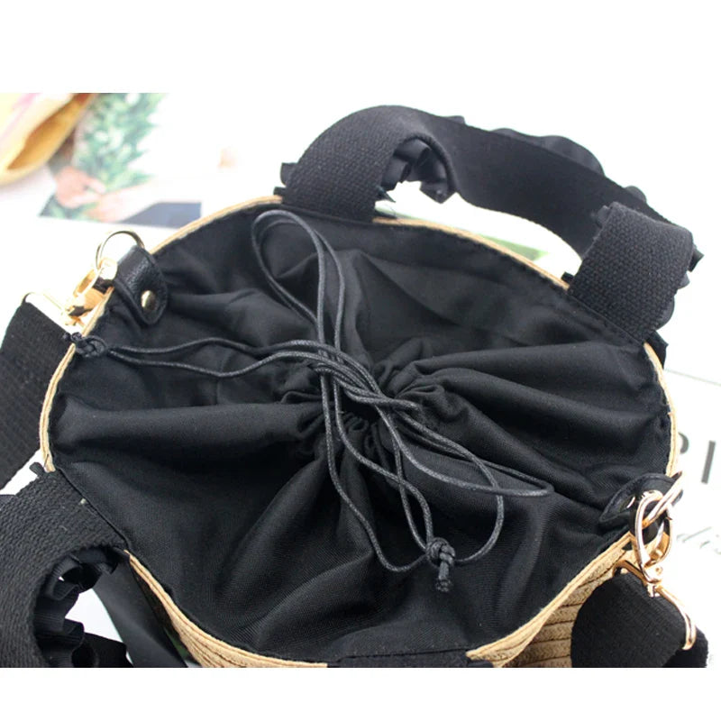 Femlion Black Lace Straw Bag Portable Handbag Beach Bag