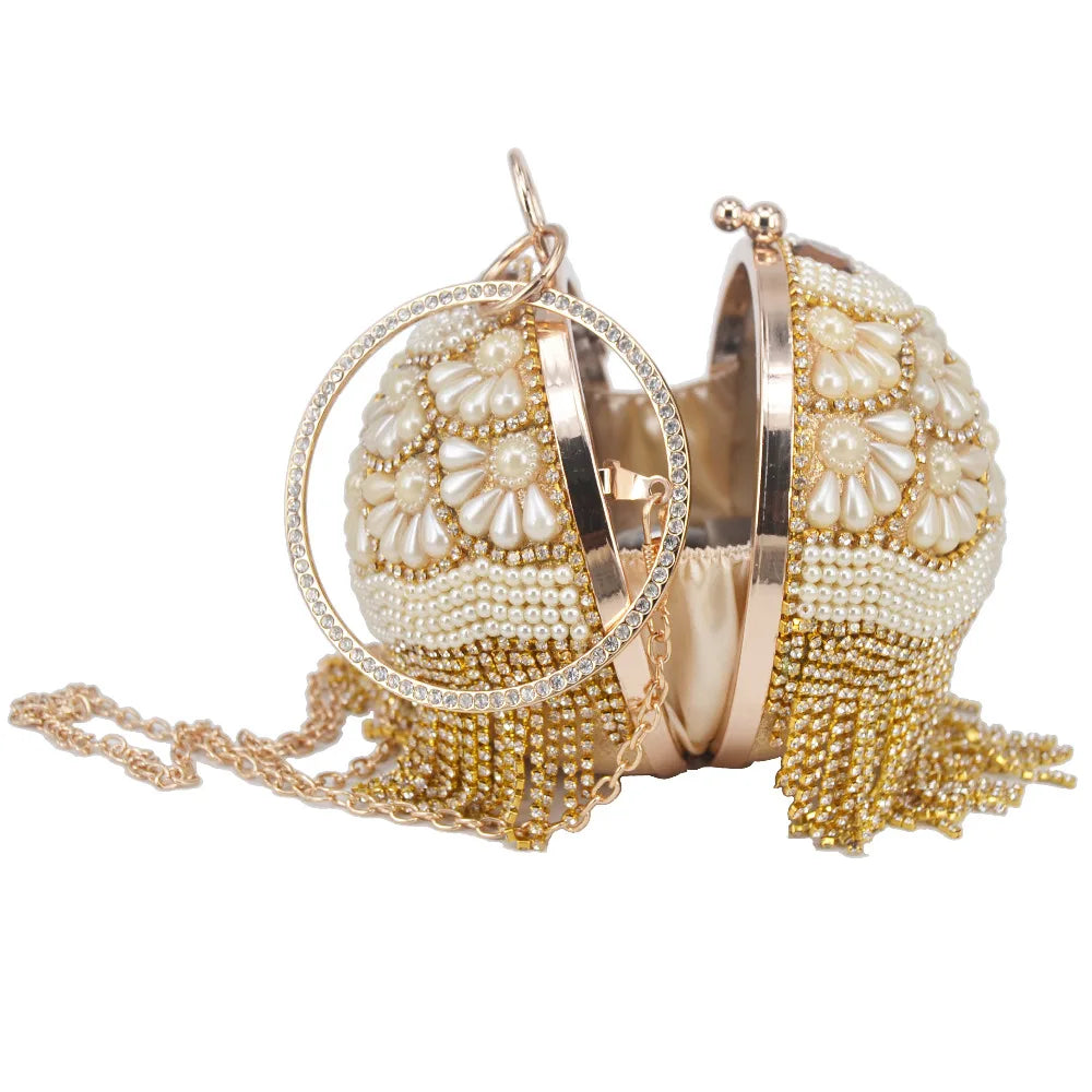 Femlion Pearl Clutch with Crystal Tassels & Circular Ring - XQ-15