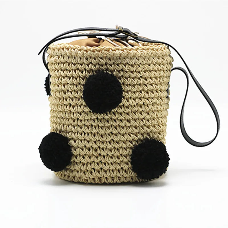 Femlion Summer Style Boho Straw Handbag - Cherry Pompon Cylinders Beach Bag