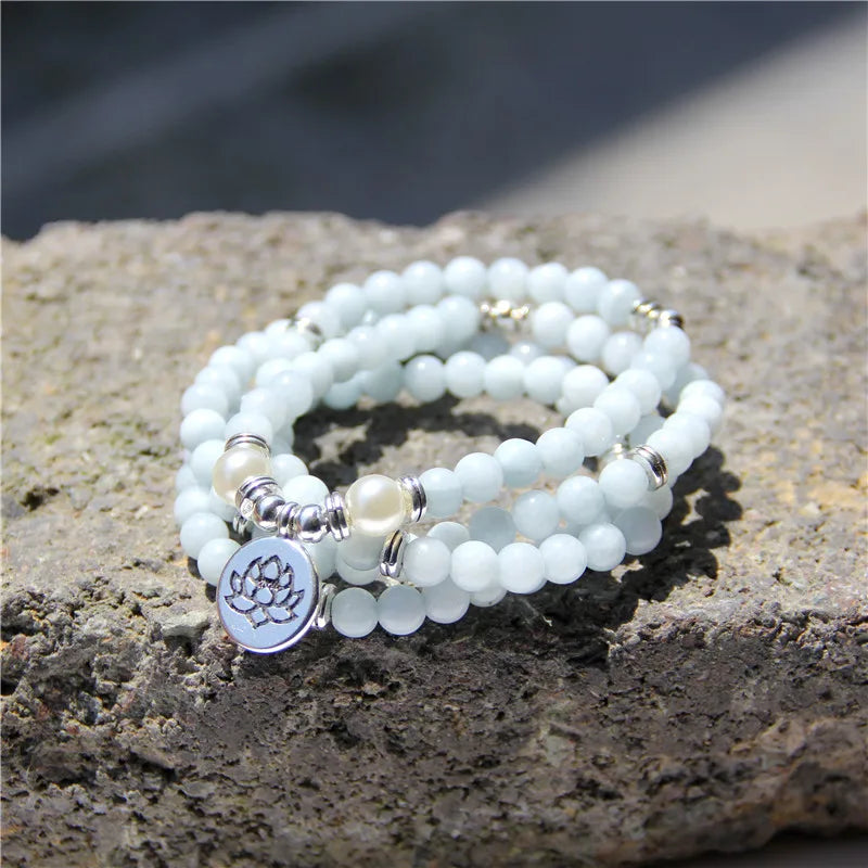 Femlion Aquamarine Quartz Bead Bracelet with Lotus Charm - Blue Stone Bangle