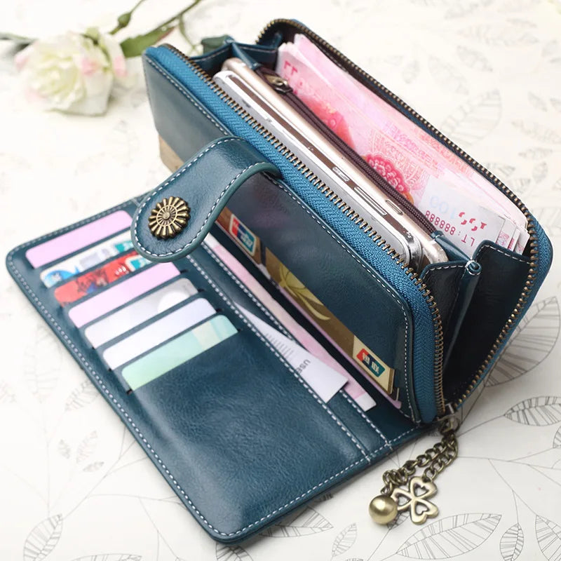 Femlion Vintage Long Wallet in Greased PU Leather with Zipper Phone Pocket.