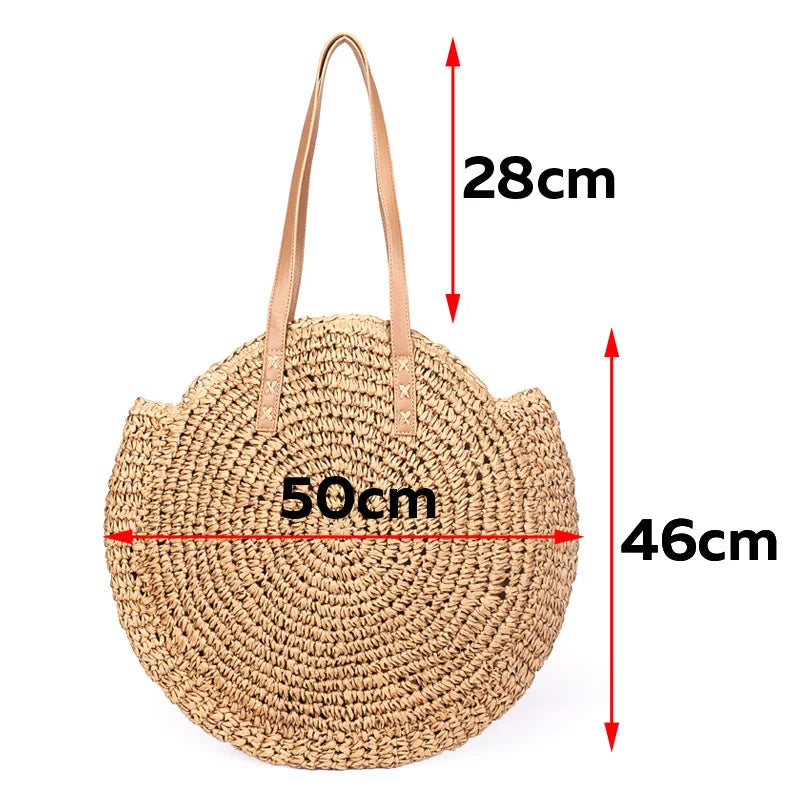 Femlion Round Straw Tote Bag - Handmade Bohemian Rattan Shoulder Bag for Summer Vacation