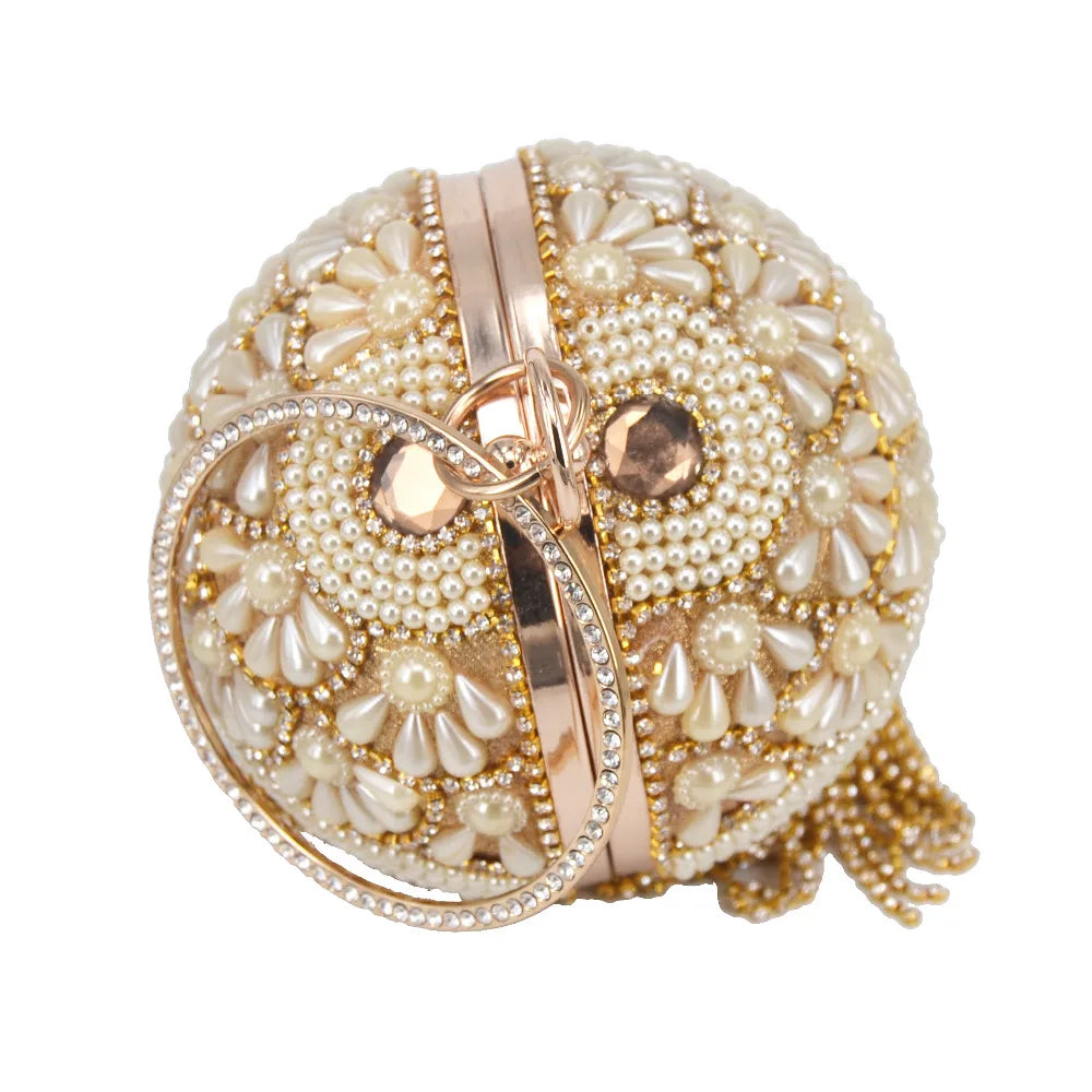 Femlion Pearl Clutch with Crystal Tassels & Circular Ring - XQ-15