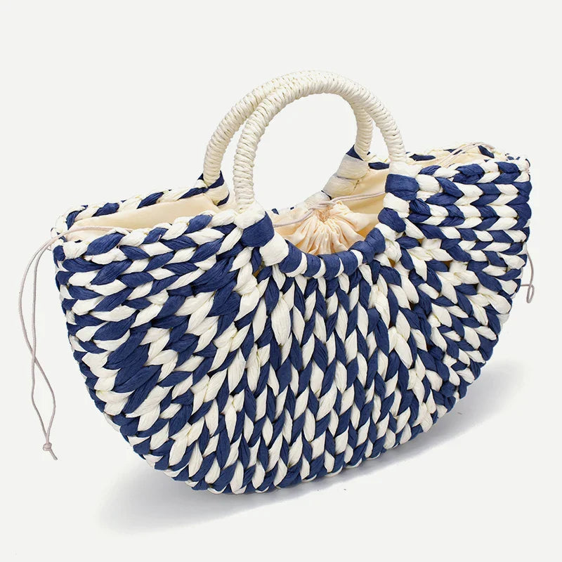 Femlion Handmade Woven Straw Bucket Bag - Semicircle Rattan Handbag