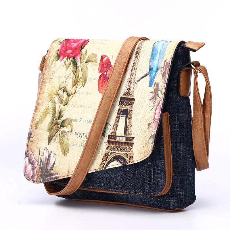 Femlion Eiffel Tower Print Denim Crossbody Bag Vintage Messenger Purse