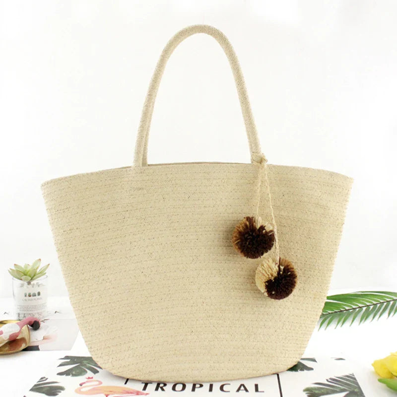 Femlion Rattan Hair Ball Straw Beach Bag: Wild Woven Shoulder Vacation Tote