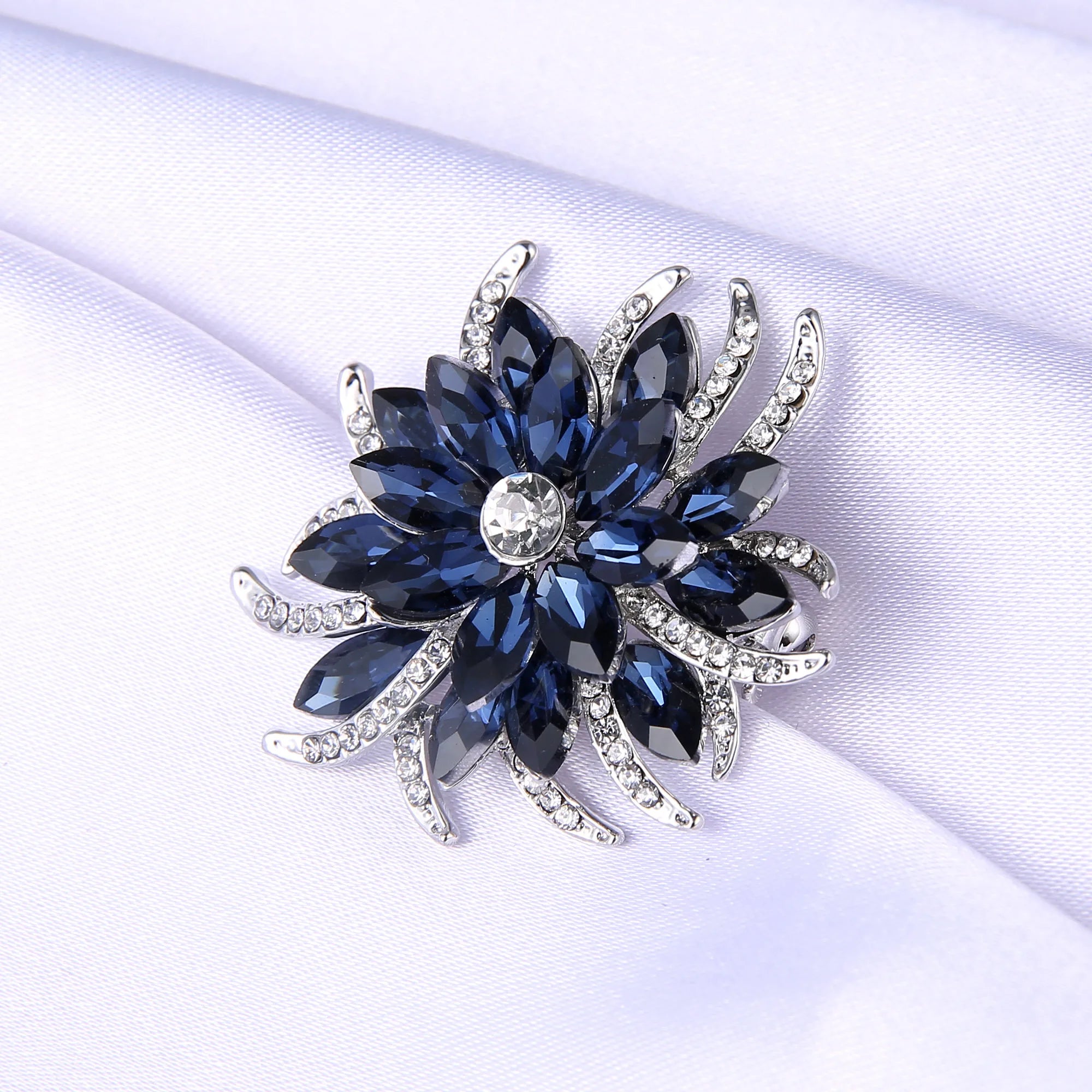 Femlion Deep Blue Crystal Flower Brooch Pin Elegant Wedding Party Jewelry