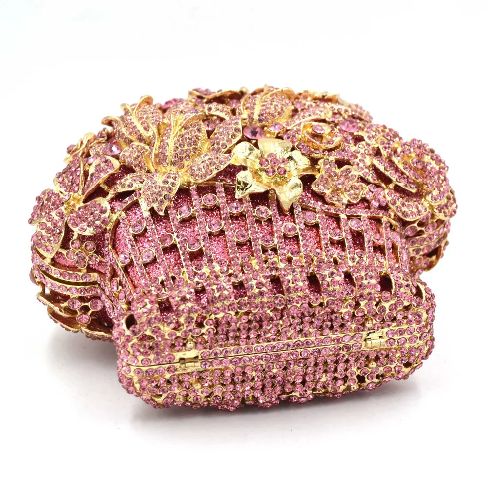 Femlion Pink Flower Rhinestone Clutch with Crystal Embellishments