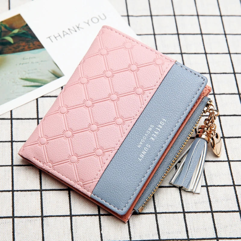 Femlion Tassel Mini Wallet Pink PU Credit Card Holder Zipper Coin Purse