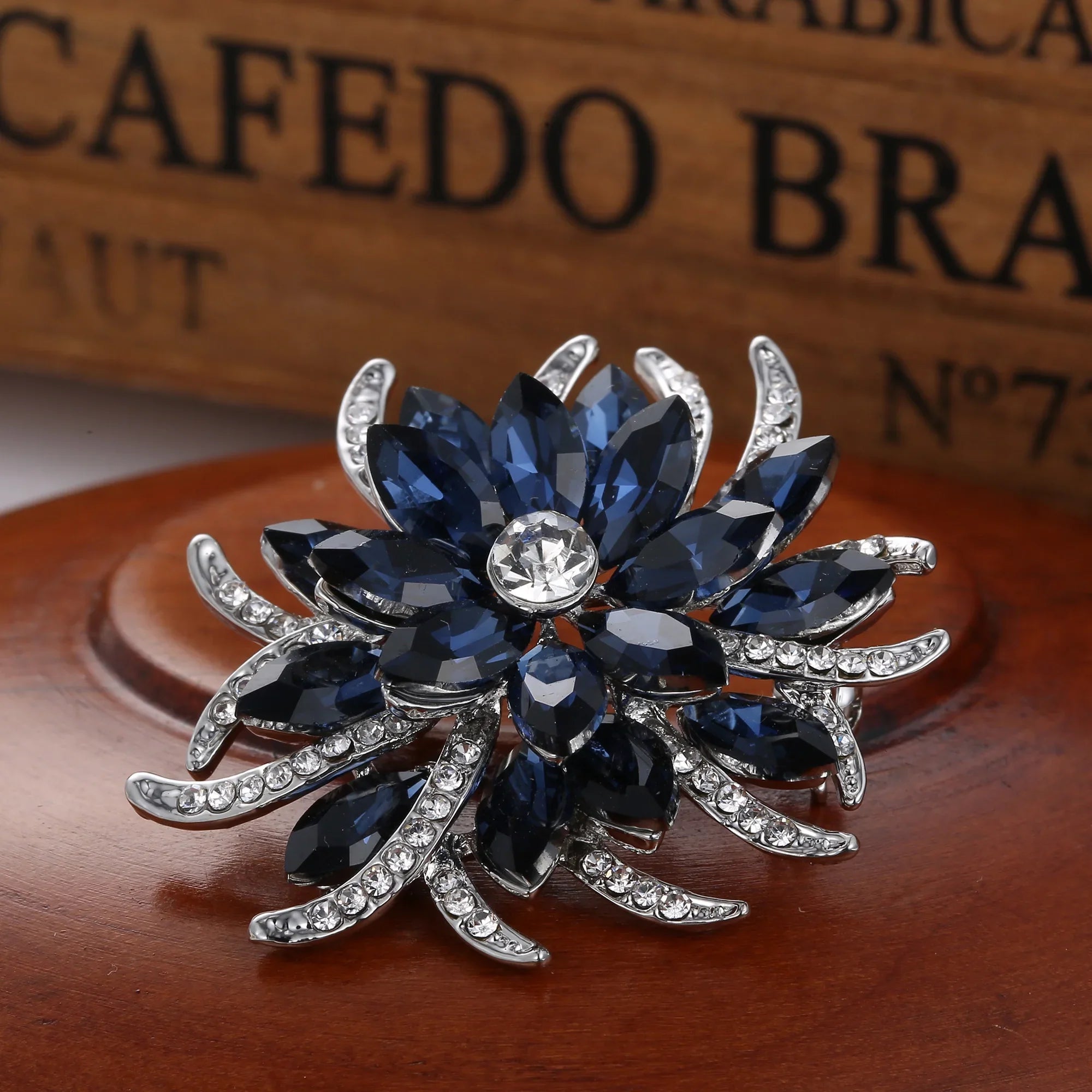 Femlion Deep Blue Crystal Flower Brooch Pin Elegant Wedding Party Jewelry