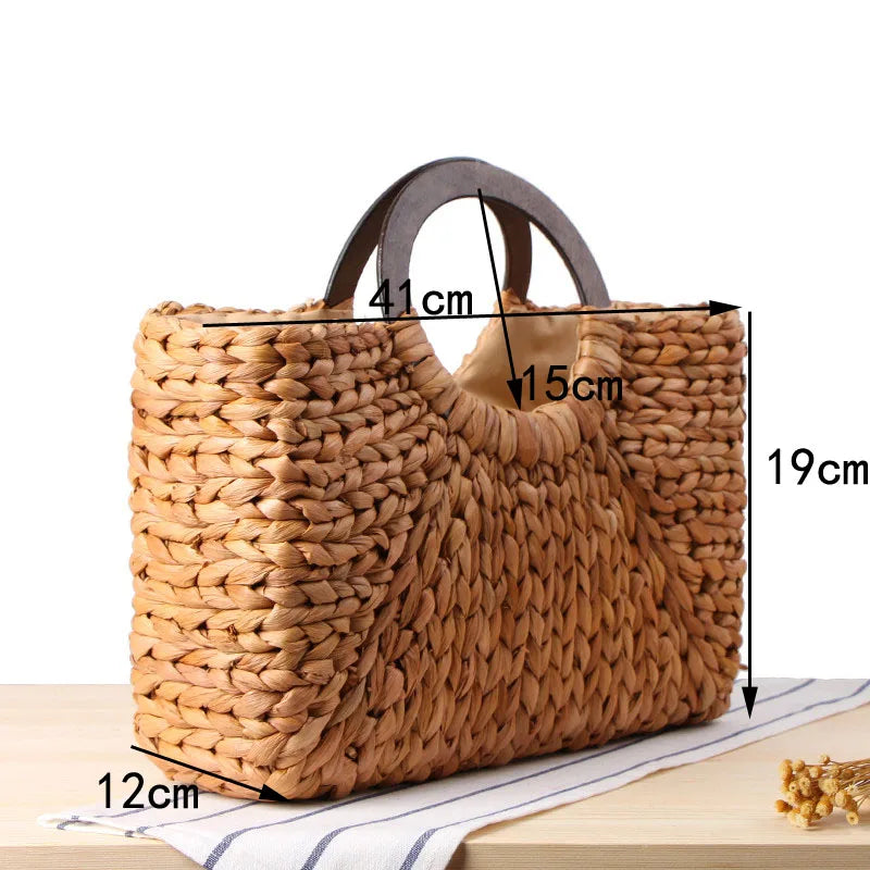 Femlion Straw Beach Bag Moon Bag Portable Women's Retro Style Corn Skin Straw Bag