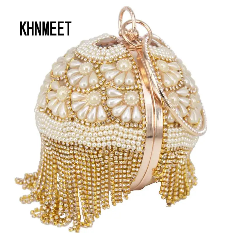 Femlion Pearl Clutch with Crystal Tassels & Circular Ring - XQ-15