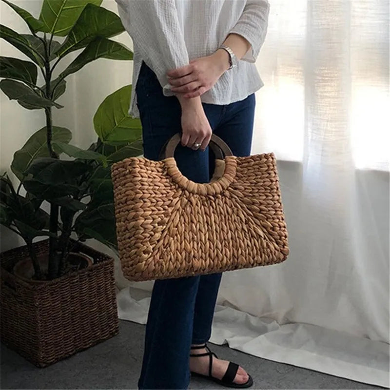 Femlion Straw Beach Bag Moon Bag Portable Women's Retro Style Corn Skin Straw Bag