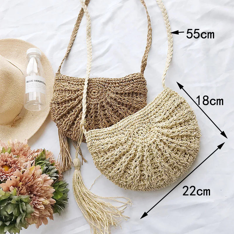 Femlion Tassel Knitting Straw Bag - Summer Rattan Tote with Tassels, Shoulder Handbag