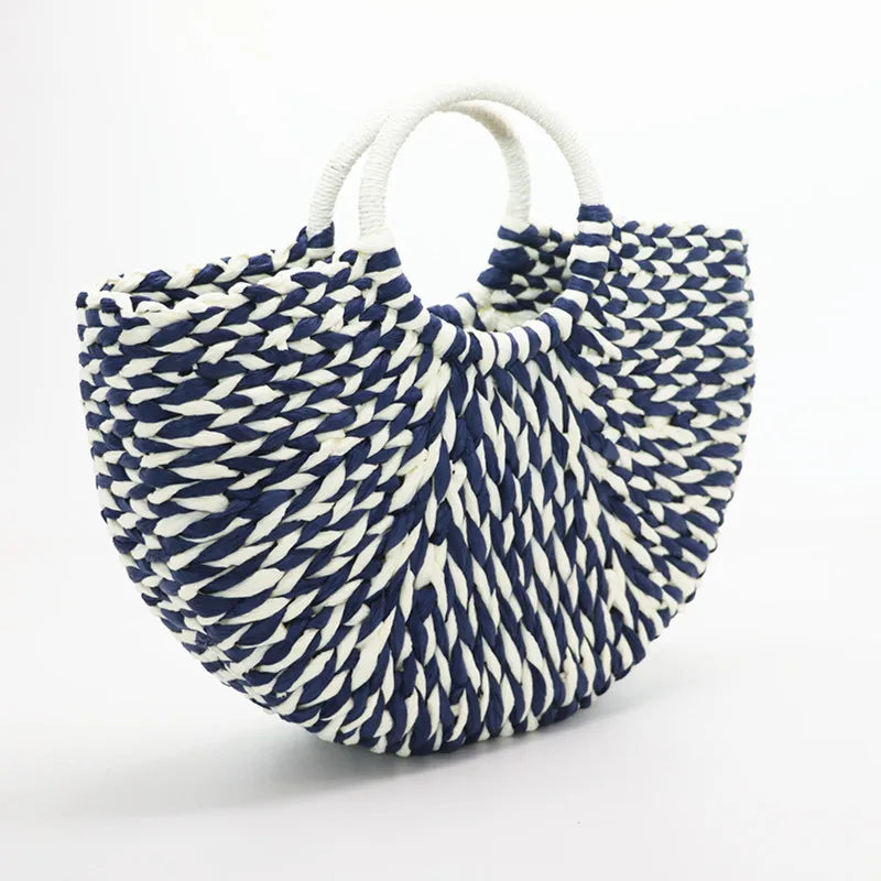 Femlion Handmade Woven Straw Bucket Bag - Semicircle Rattan Handbag