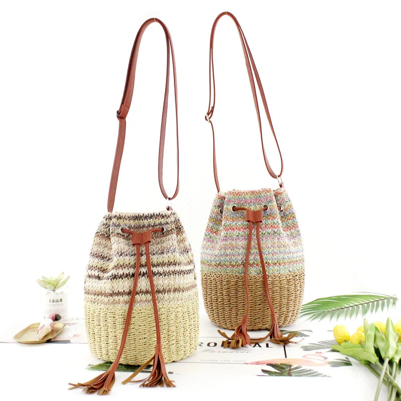 Femlion Tassel Bucket Bag Straw Handbag: Casual Woven Messenger for Women