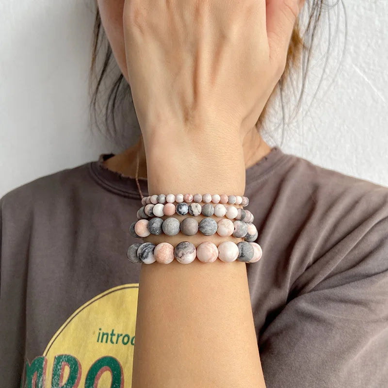 Femlion Frosted Pink Zebra Stone Beaded Bracelets for Women and Men