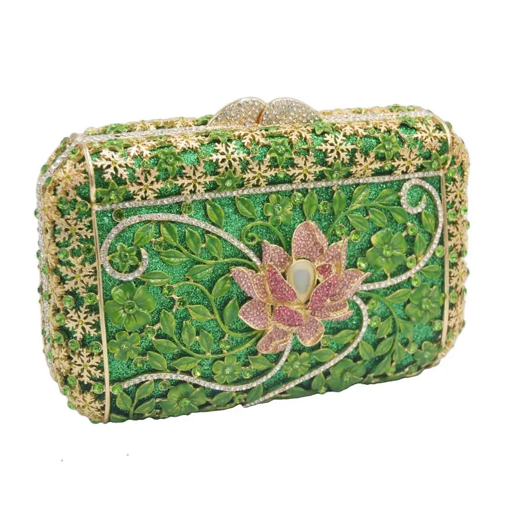 Femlion Green Flower Design Clutch: Luxury Prom Wedding Purse for Women