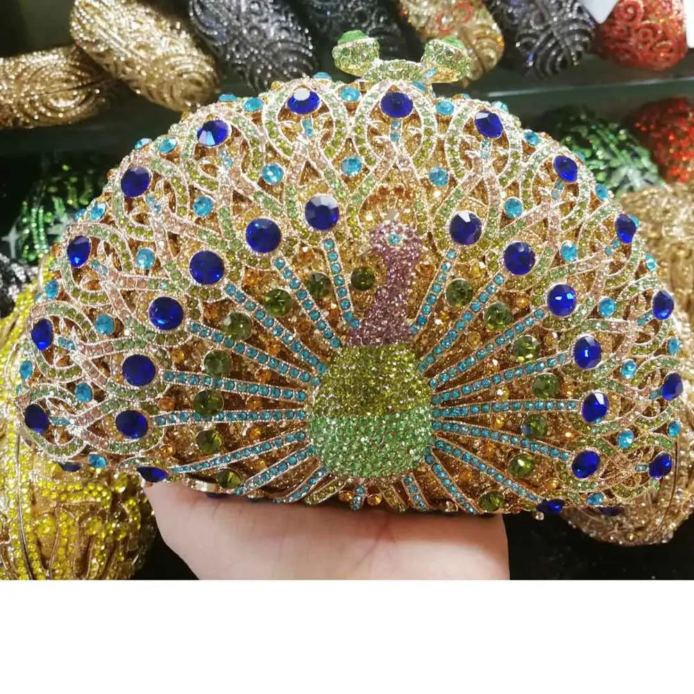 Femlion Peacock Crystal Evening Bag: Luxury Party Purse with Chain Strap