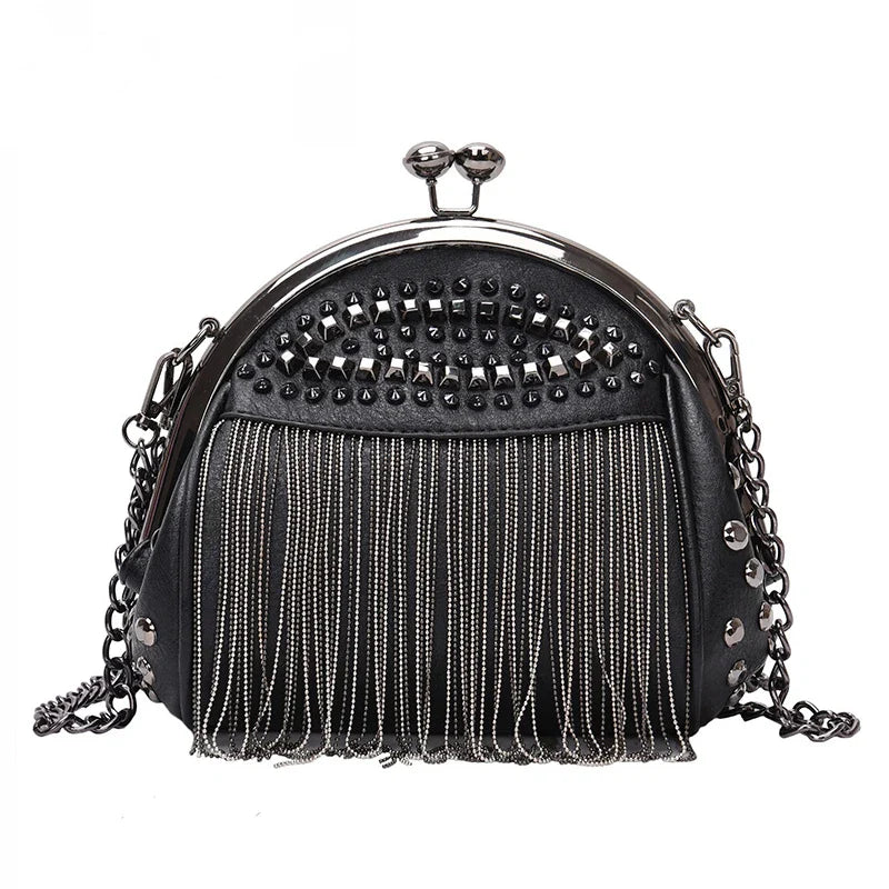 Femlion Punk Style Black Shoulder Bag with Chain Strap and Tassel