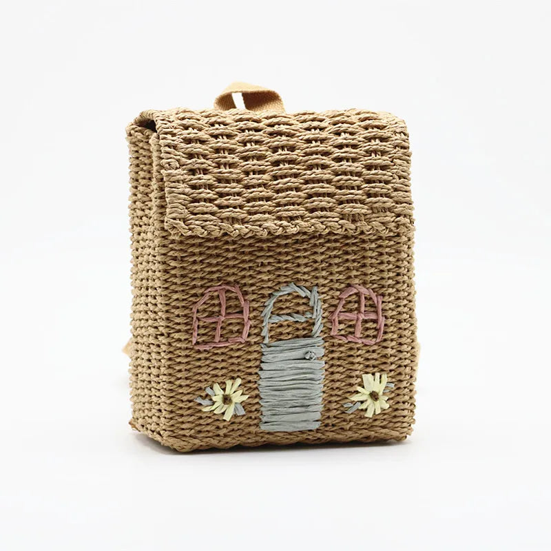 Femlion Straw Woven Double-Shoulder Backpack Bag