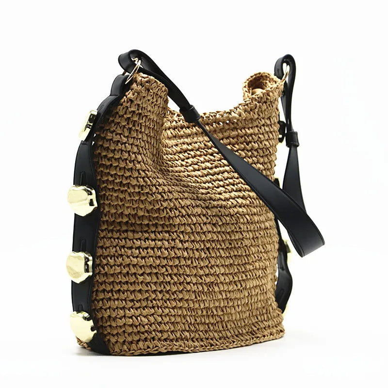 Femlion Yellow Metal Detail Woven Straw Big Bag One Shoulder Women Bag