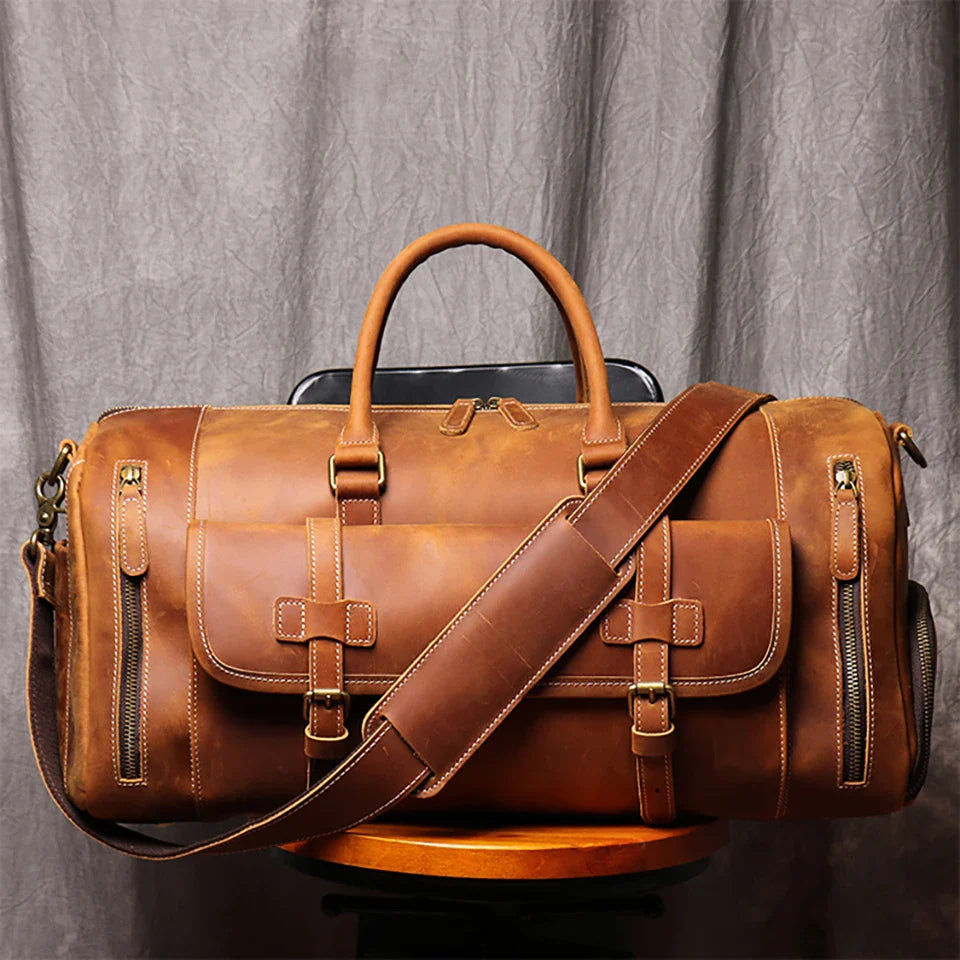 Femlion Crazy Horse Leather Duffle Bag with Shoe Pocket: 20" Weekender & Business Travel Tote