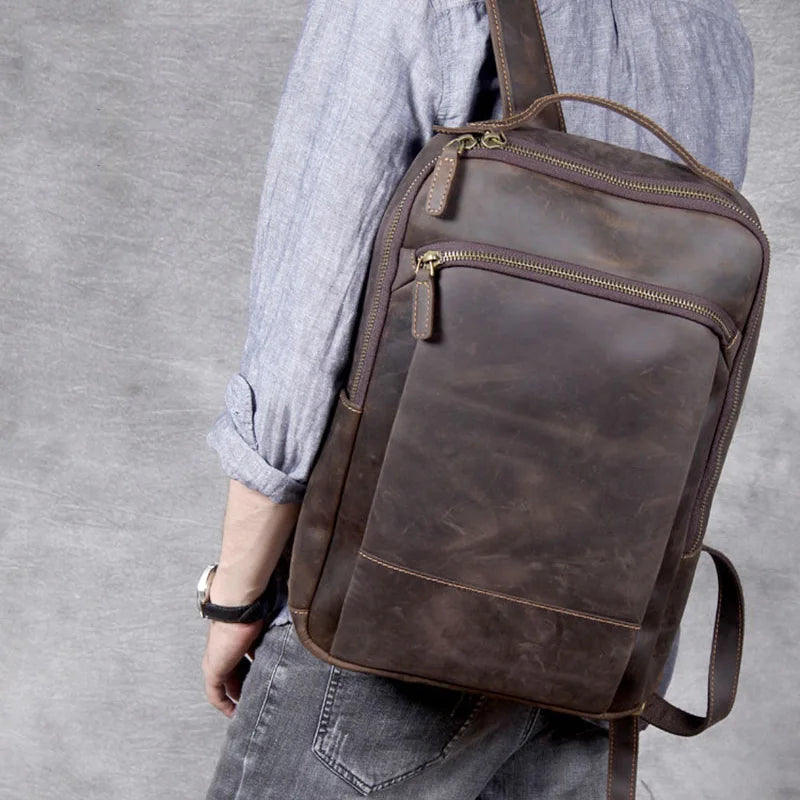 Femlion Classic Leather Backpack for Men - Vintage Retro Rucksack with Laptop Compartment