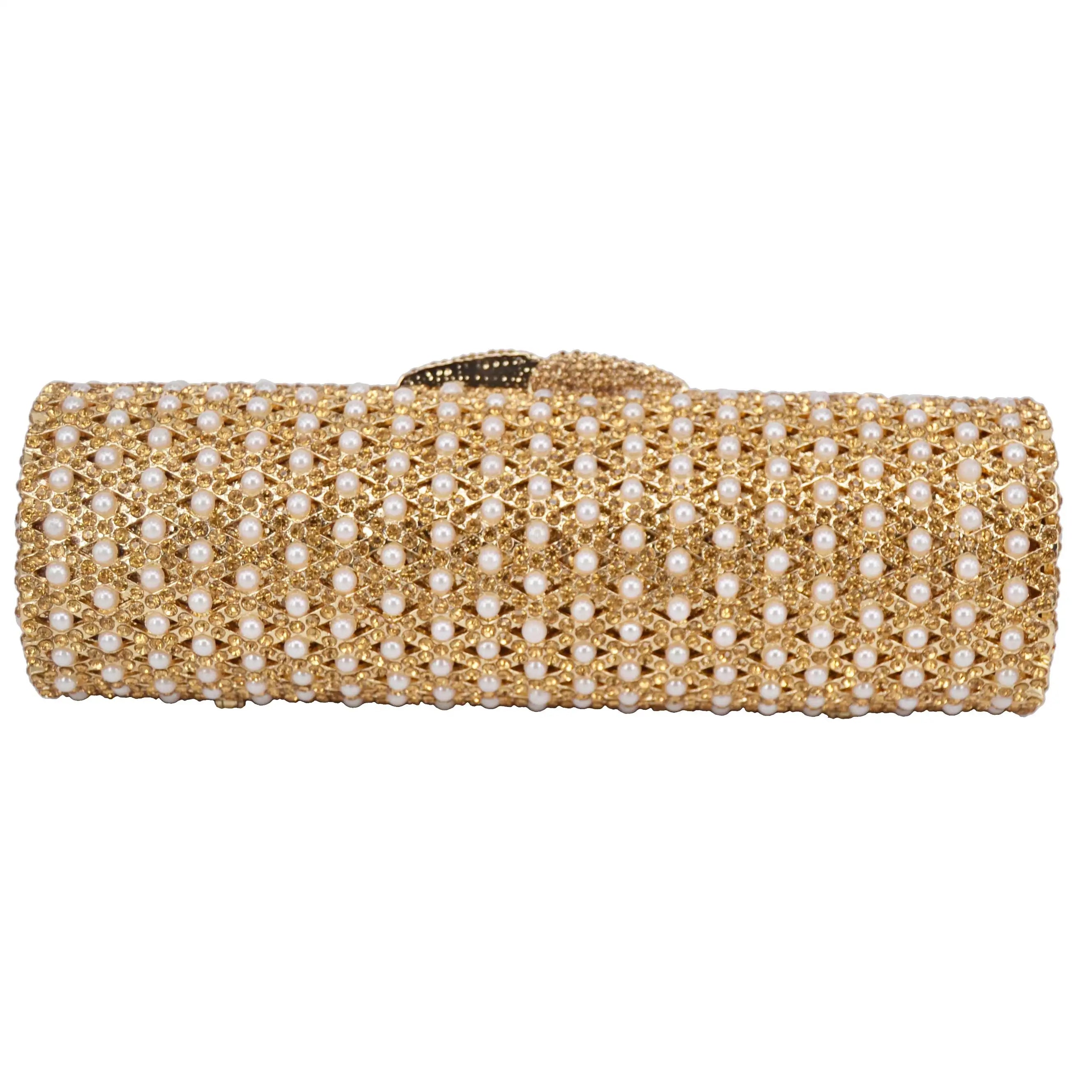 Femlion Crystal Cylinder Clutch Bag - Rose Gold and Silver Luxury Handbag