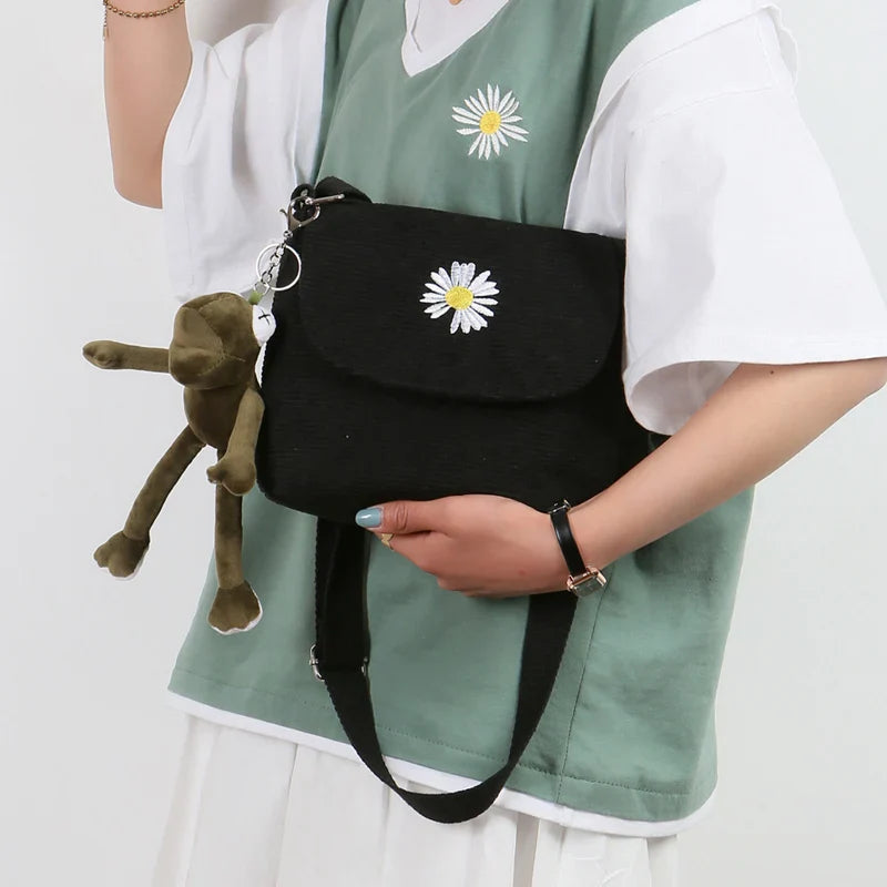 Femlion Striped Corduroy Crossbody Bag with Daisy Embroidery