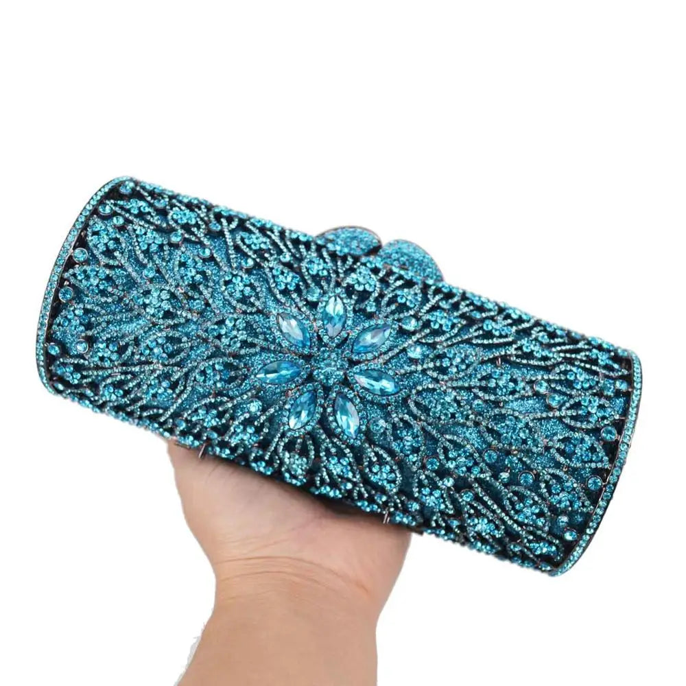 Femlion Crystal Peacock Blue Evening Clutch Bag Cylinder Purse Wedding Handbag