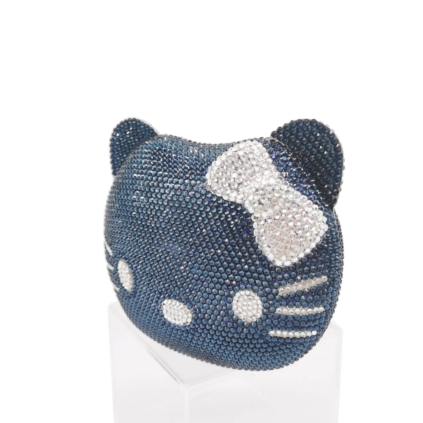 Navy Blue Crystal Cat Evening Bag by Femlion - Designer Clutch for Women