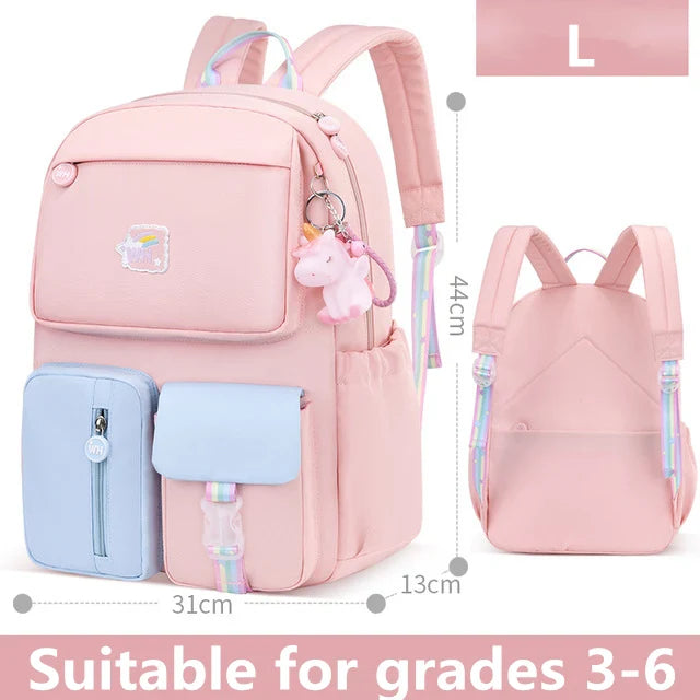 Femlion Rainbow School Backpacks for Girls Grades 1-6, Cartoon Design Travel Bag